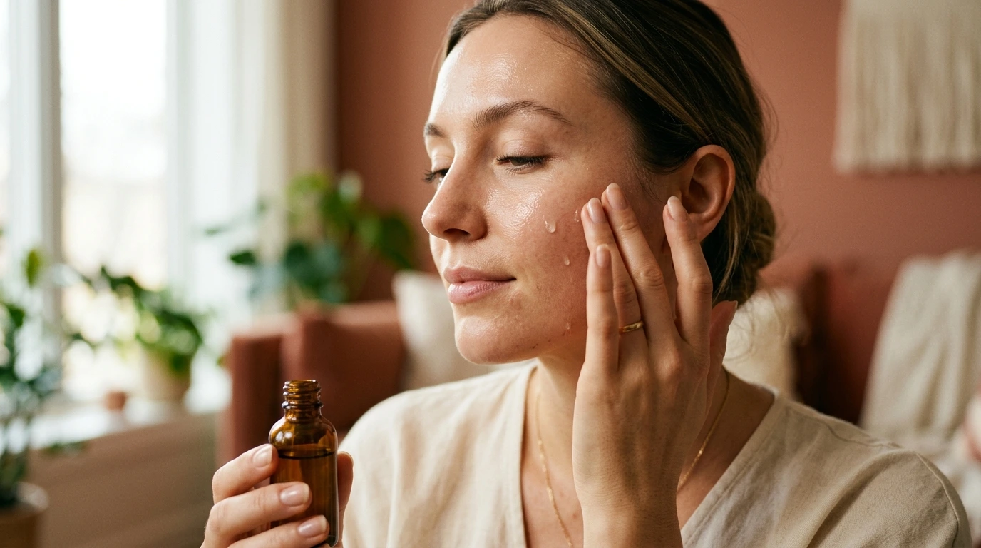Routine de soin du visage, application d'un sérum à la lumière du matin