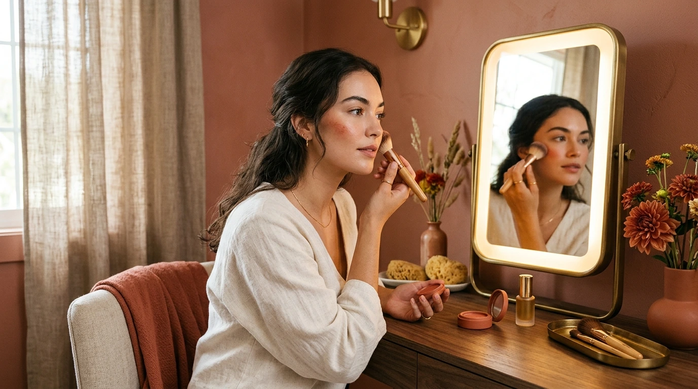 Application d'un maquillage naturel devant un miroir