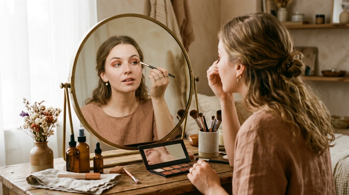 Application de maquillage devant un miroir