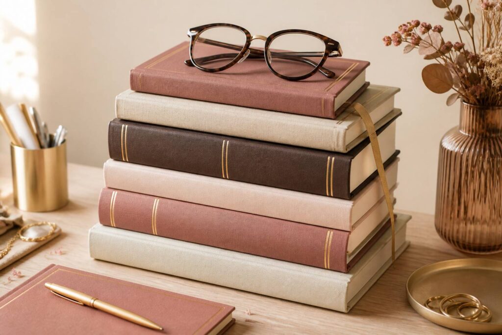 Pile de livres reliés sans titre lisible avec lunettes de lecture sur table