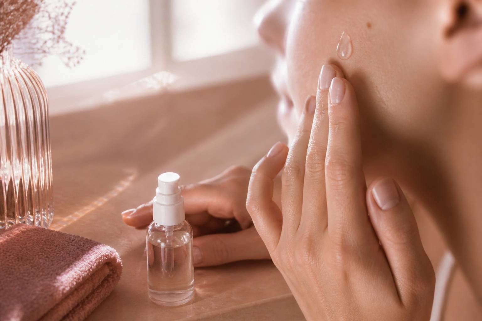 Mains appliquant une goutte de sérum sur une joue de profil