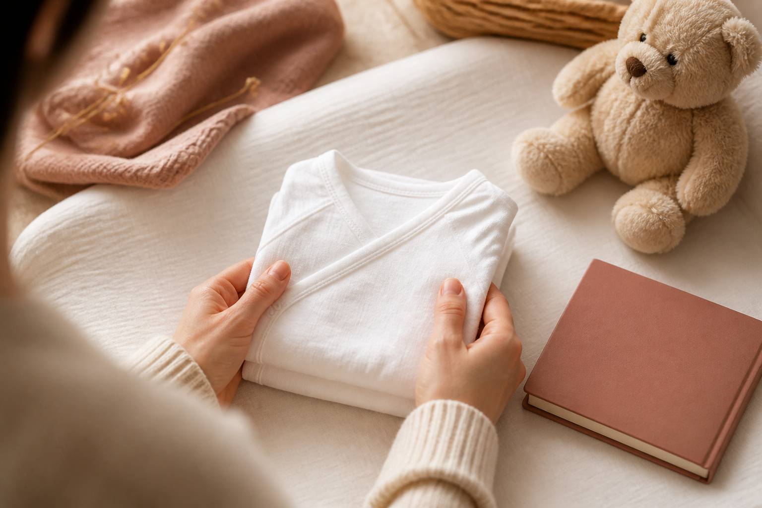 Mains tenant une petite brassière de bébé en coton blanc près d'une peluche