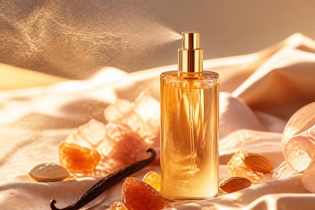 Flacon de brume parfumée dorée sur fond ivoire avec voile de vaporisation