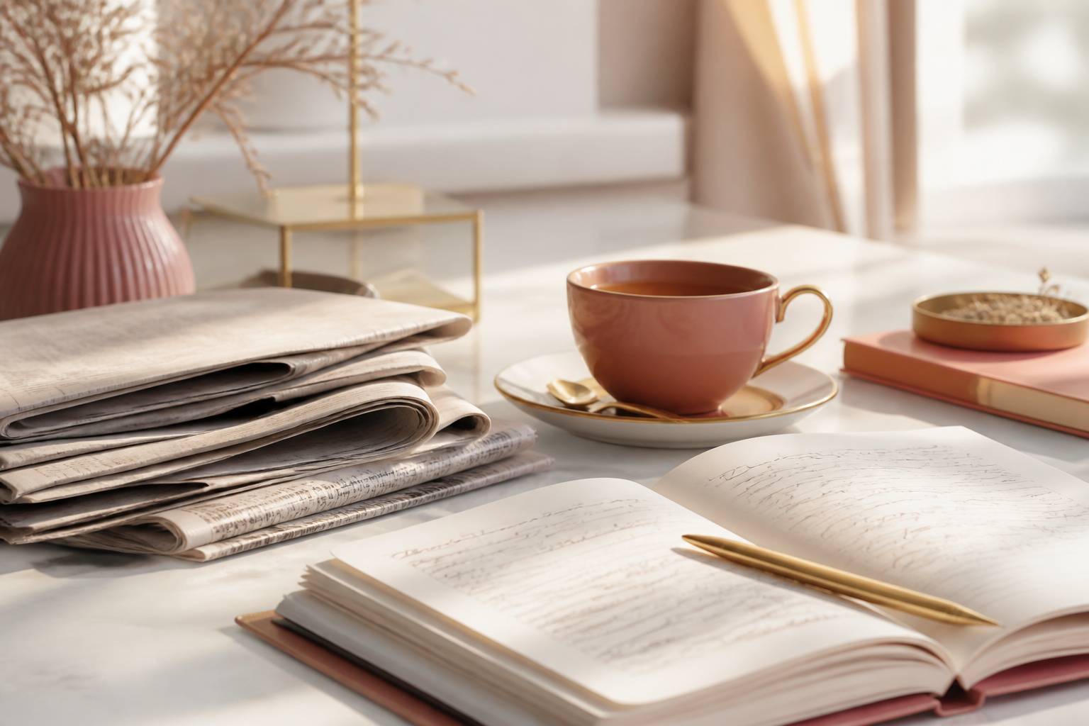 Bureau lumineux avec journaux pliés, tasse de thé et carnet de notes manuscrites