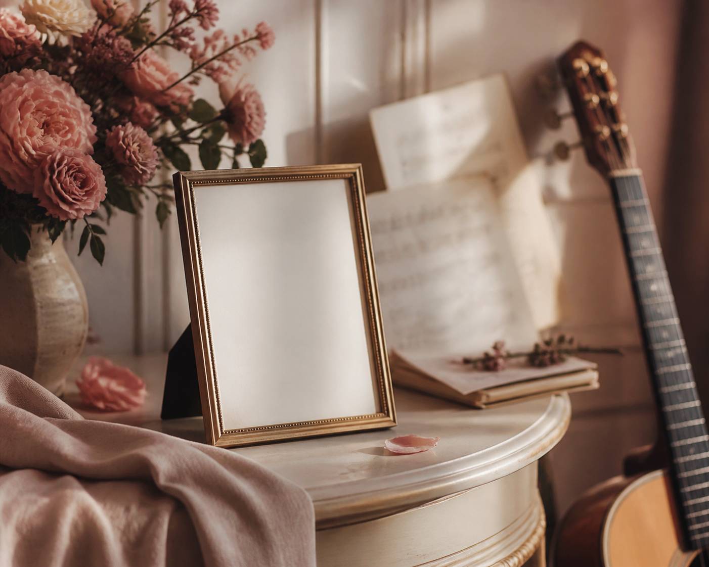 Cadre photo vide, guitare et fleurs sur un guéridon ivoire