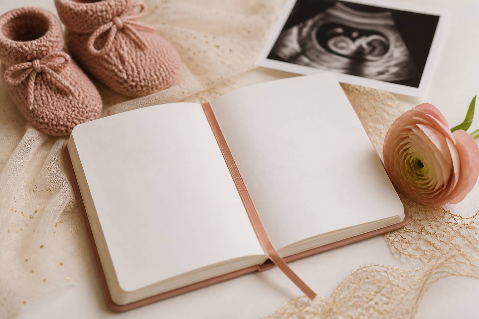 Carnet de suivi ouvert avec échographie symbolique, chaussons en maille et fleur fraîche