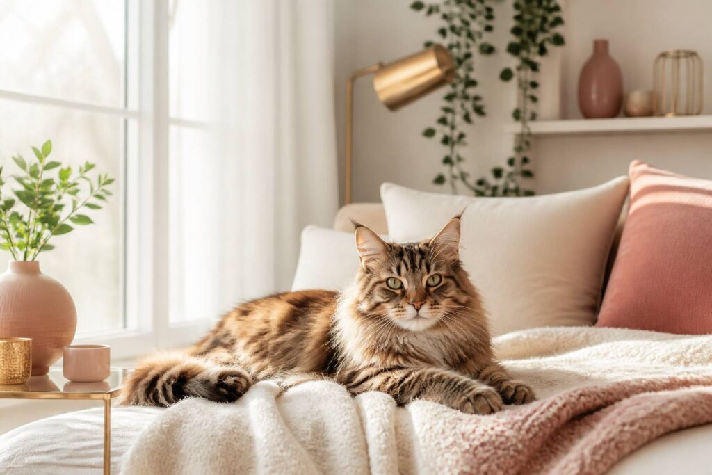 Chatte au pelage soyeux dans une lumière naturelle douce, regard paisible