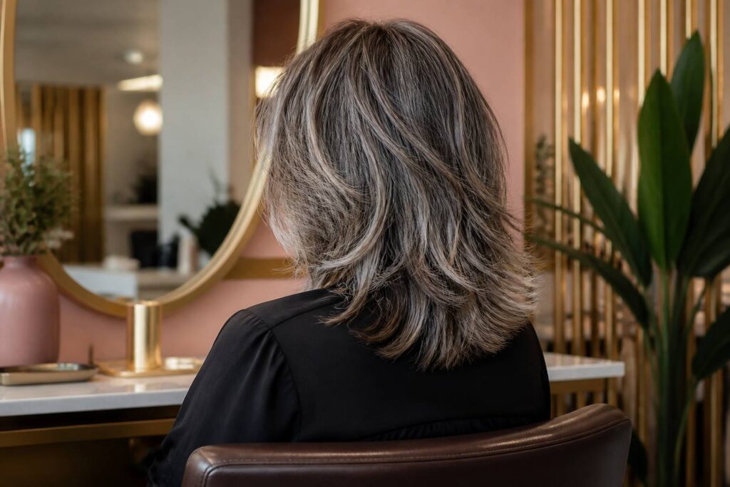Femme vue de dos avec une coupe chic shag dégradée poivre et sel