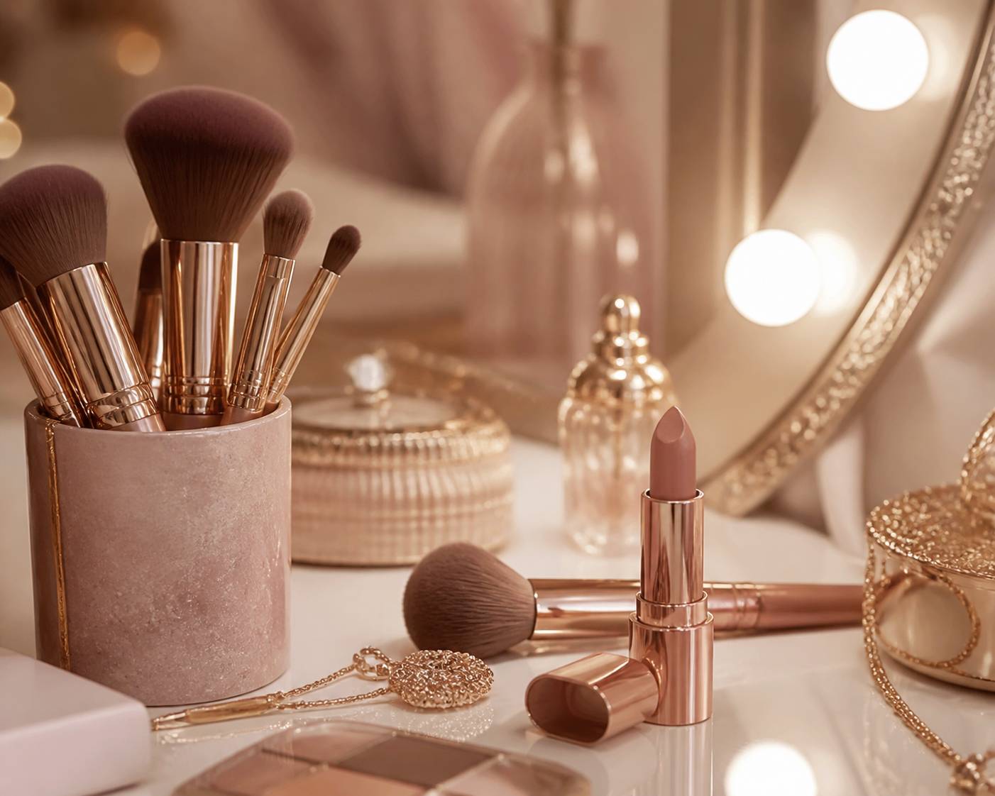 Table de coiffeuse avec pinceaux de maquillage et miroir éclairé