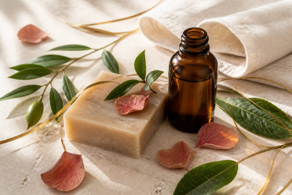 Cosmétiques naturels avec savon végétal et flacon en verre ambré sur pierre claire