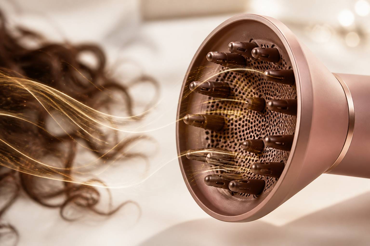 Diffuseur de sèche-cheveux en gros plan avec boucles brunes en arrière-plan