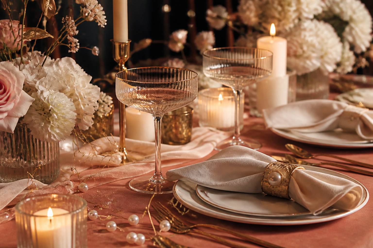 Table de dîner romantique pour deux avec bougies et décorations de perles