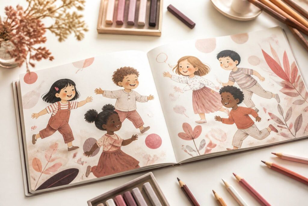 Livre jeunesse ouvert avec illustrations d'enfants de différentes origines