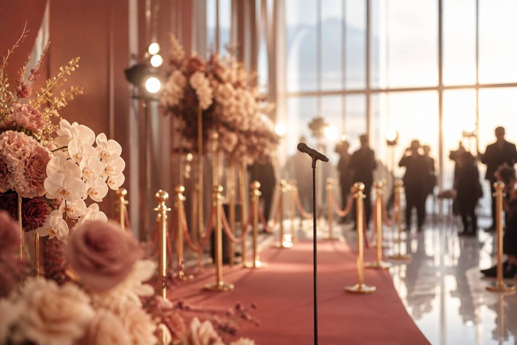 Tapis rouge et projecteurs évoquant un festival de cinéma