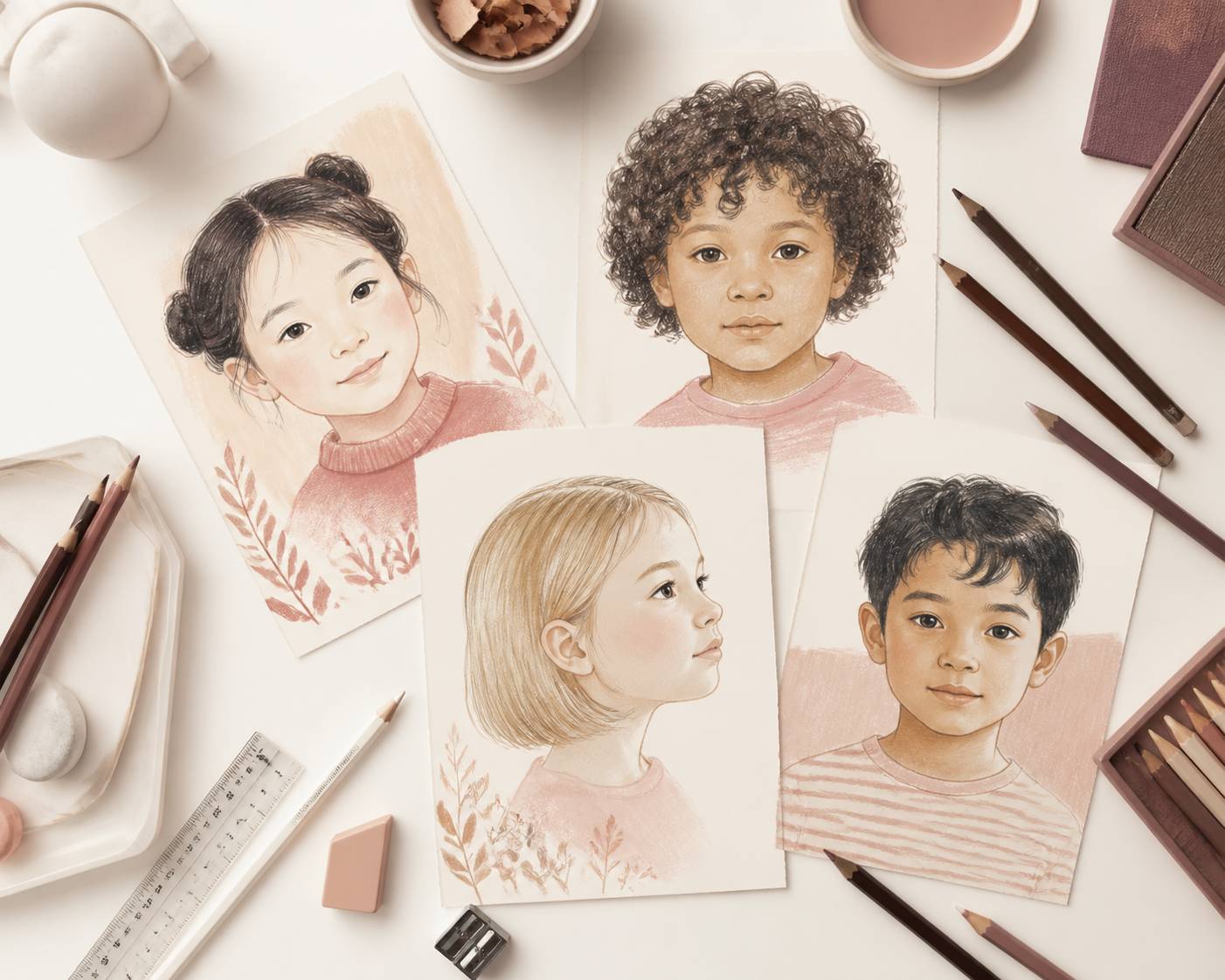 Portraits illustrés d'enfants de différentes origines dessinés au pastel