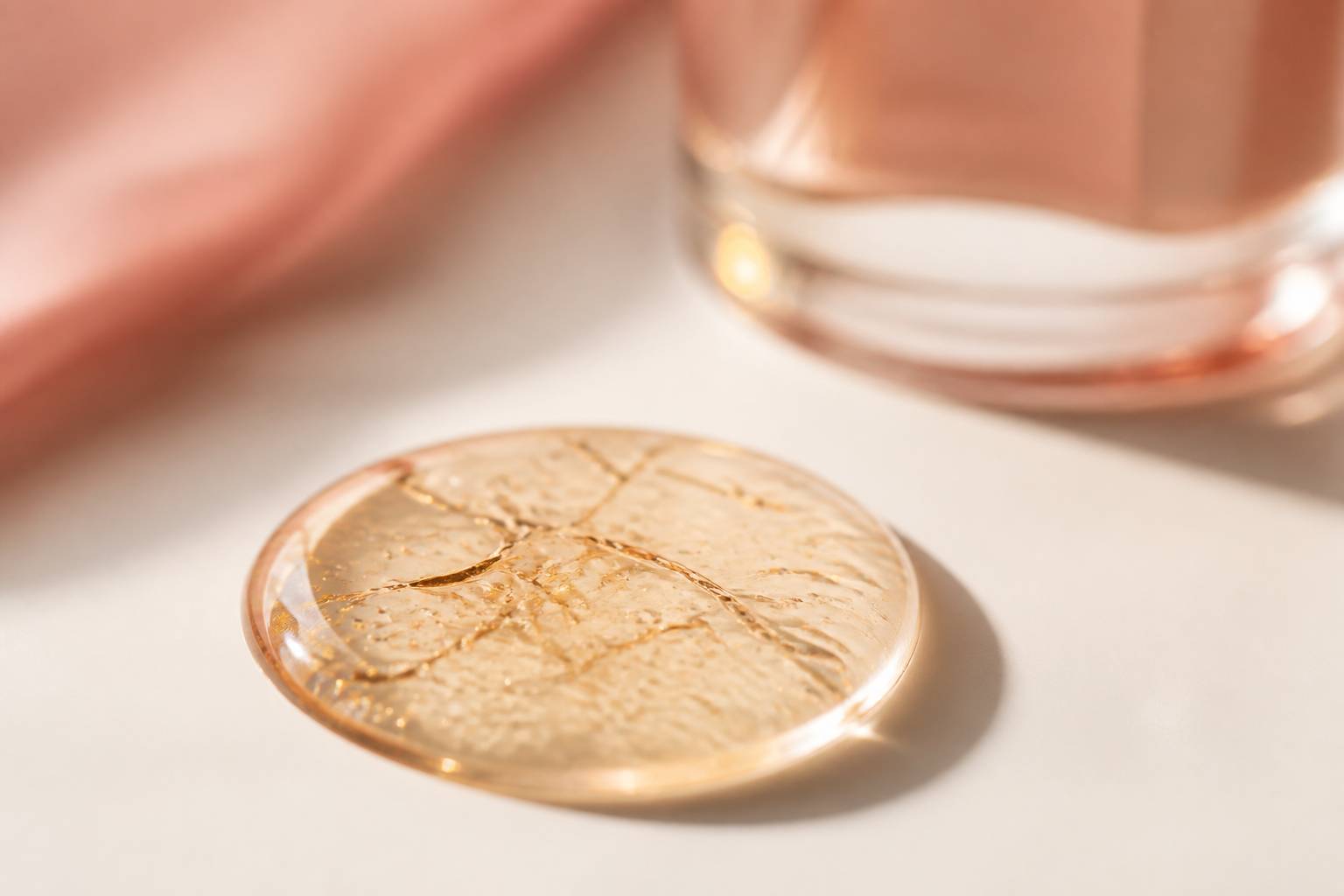 Goutte de sérum perlant sur une surface claire en gros plan