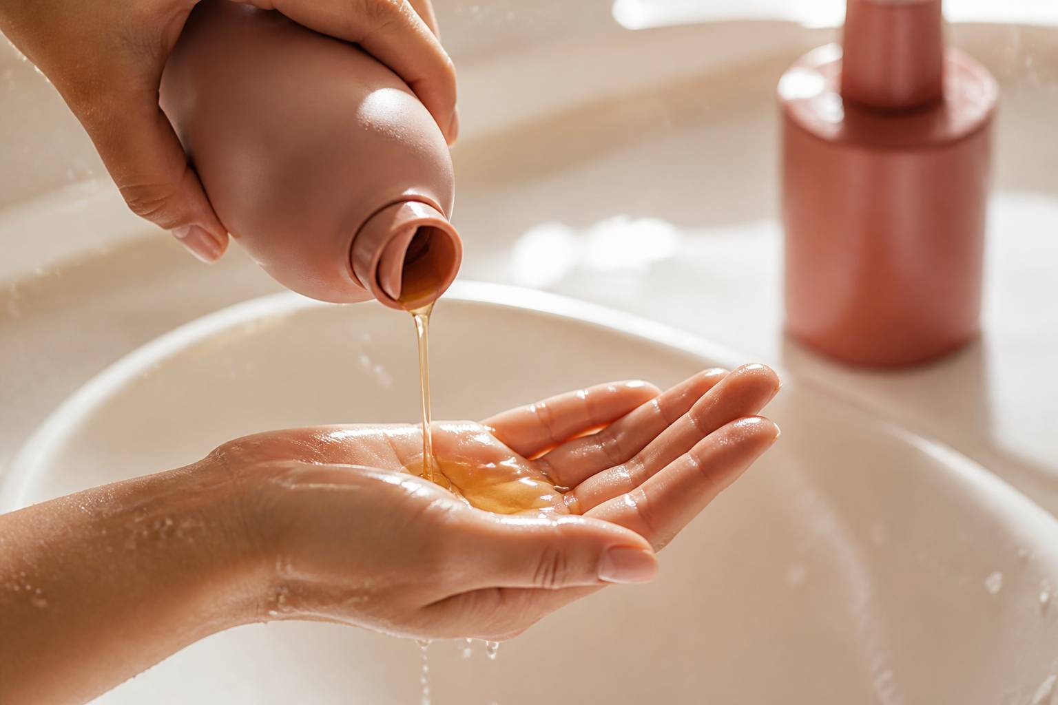 Huile dorée versée dans une paume au-dessus d'un lavabo
