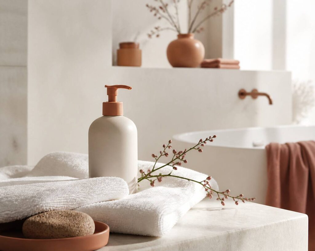 Flacon pompe d'huile de douche avec serviette blanche