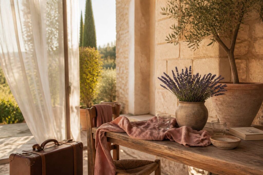 Terrasse de gîte de vacances avec table en bois et valise en cuir