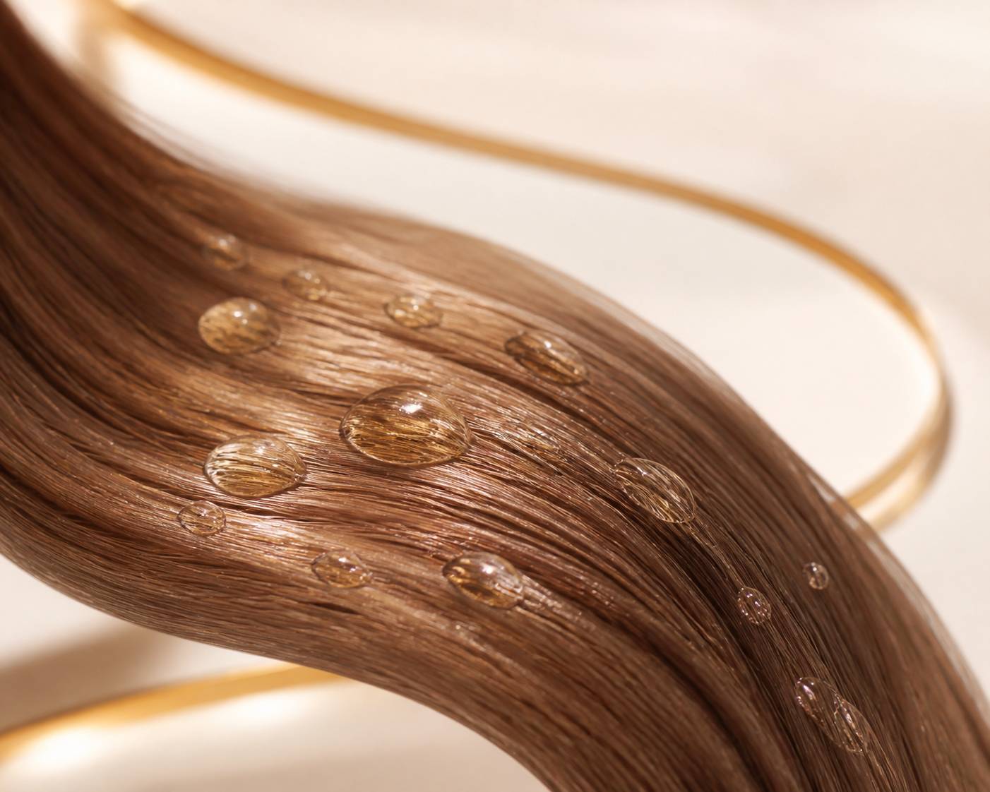 Mèche de cheveux châtain clair aux reflets dorés avec une gelée translucide