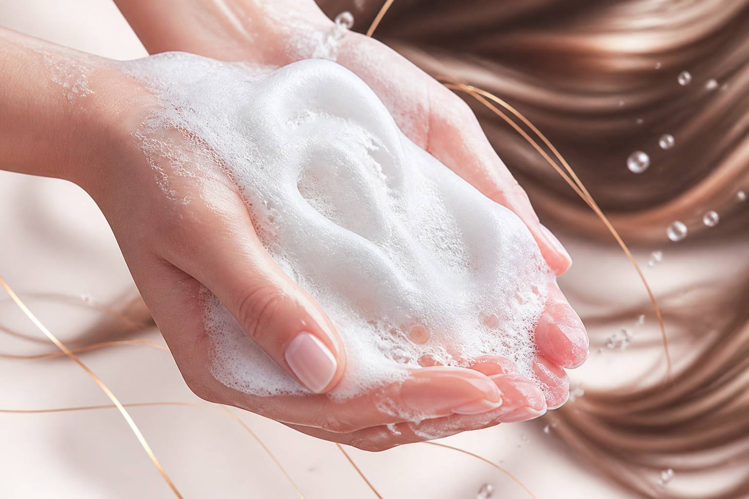 Mousse de shampooing onctueuse entre des mains anonymes
