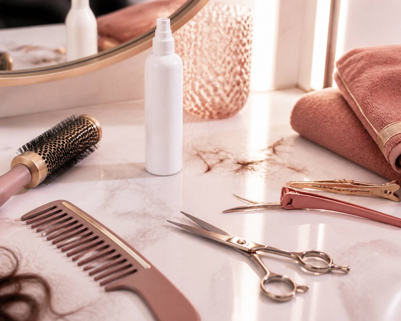 Ciseaux, peigne et brosse ronde sur le plan de travail d'un coiffeur