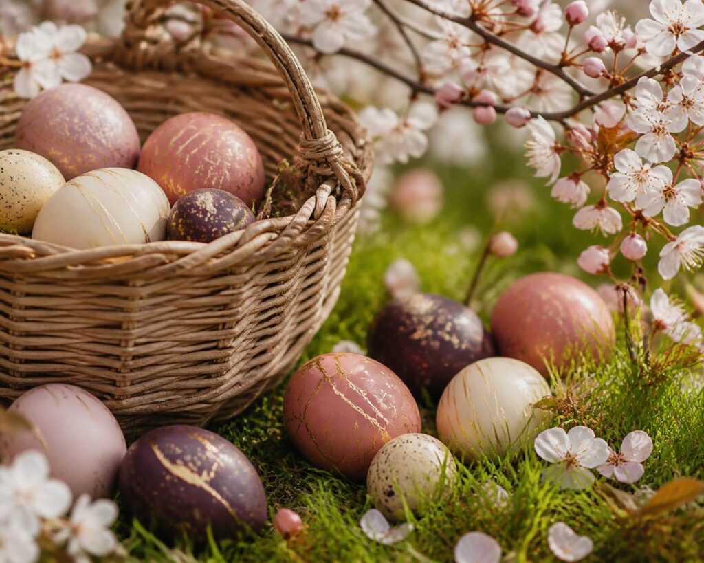 Œufs de Pâques décorés pastel et filets dorés dans l'herbe avec un panier en osier
