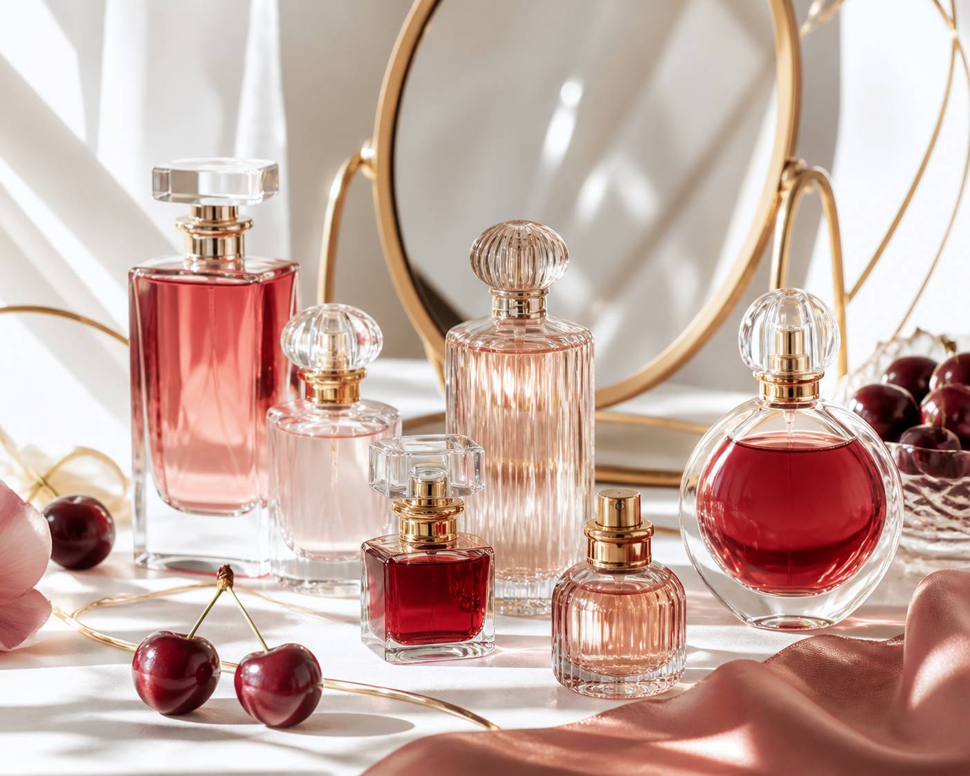 Vanity épuré avec flacons de parfum génériques aux tons cerise et doré