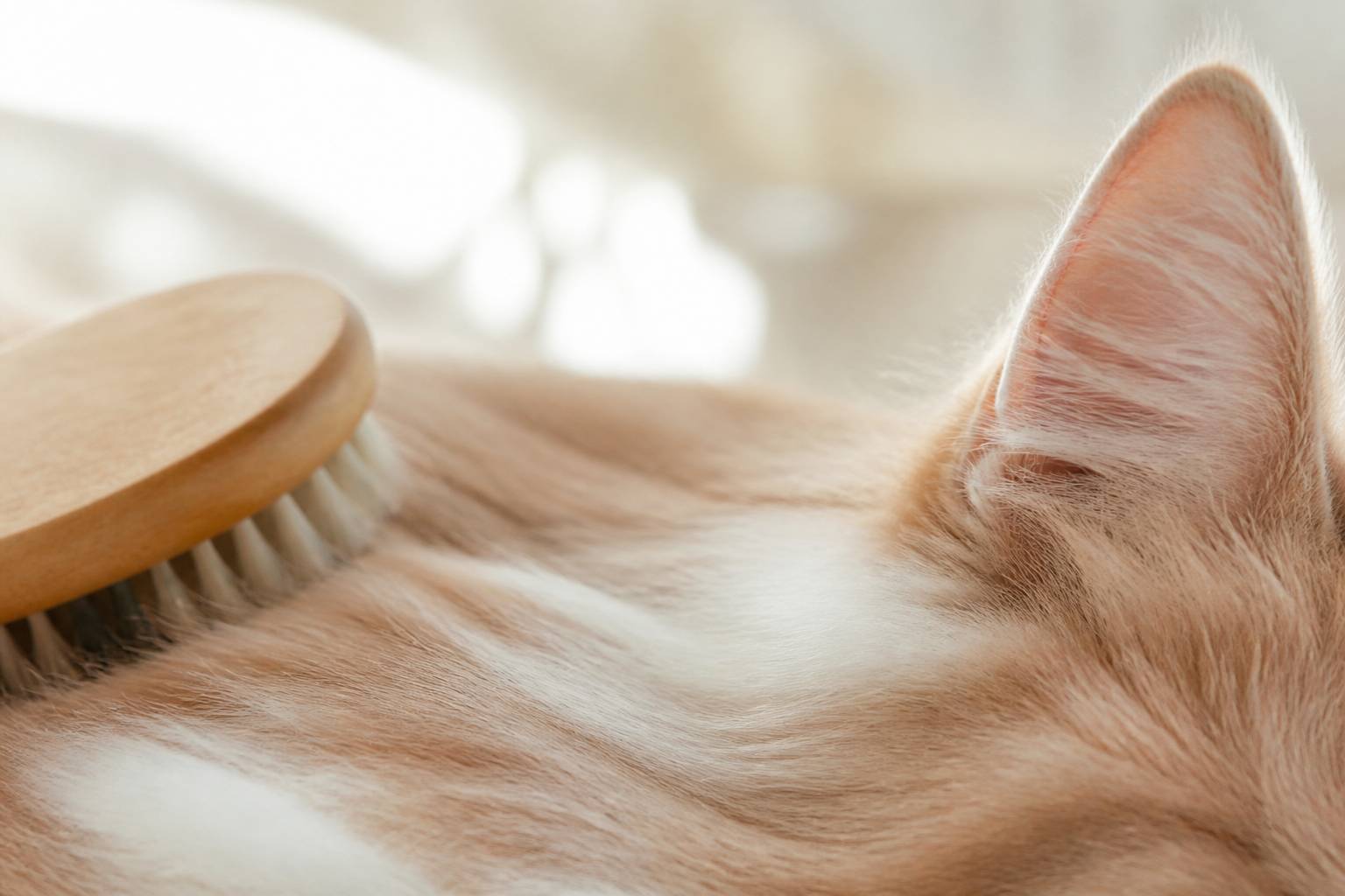 Gros plan du pelage brillant d'une chatte avec une brosse douce à côté