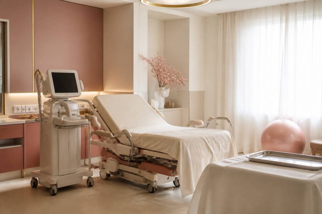 Salle de naissance apaisée avec lit médical et ballon