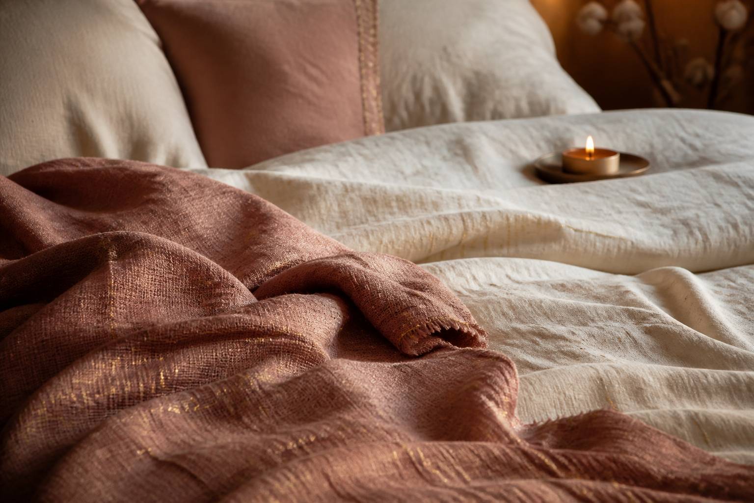 Étoffes douces superposées sur un lit avec une bougie