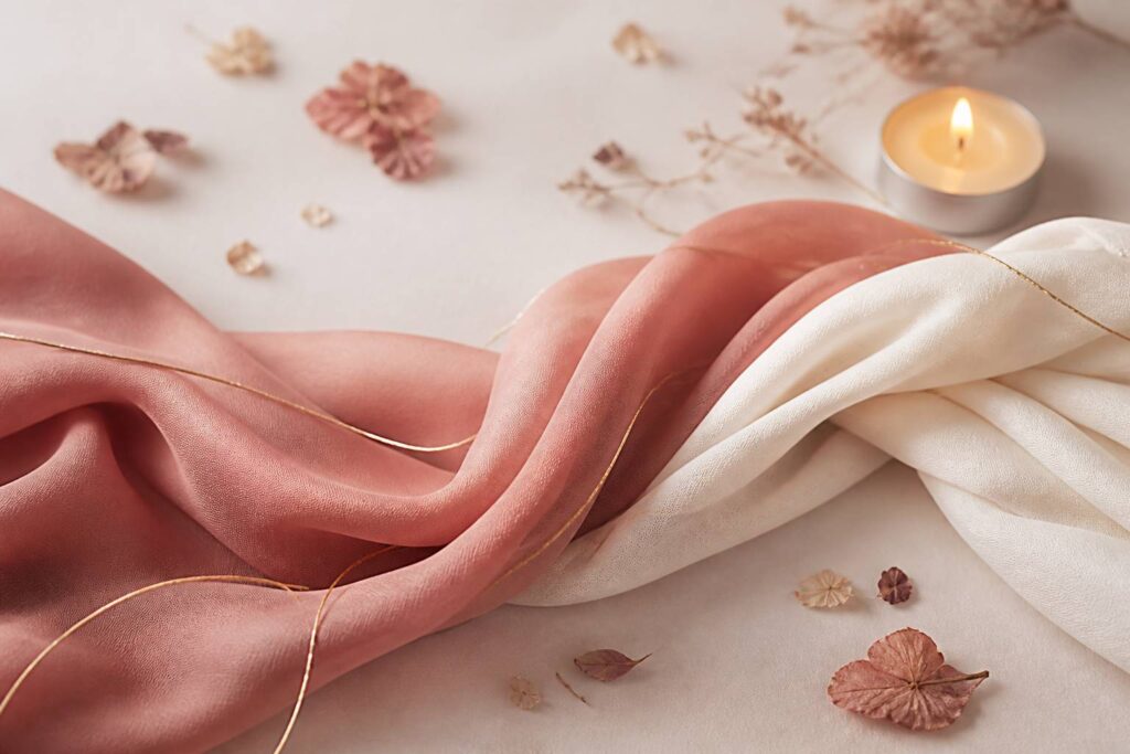 Tissus soyeux rose et ivoire enlacés dans une lumière tamisée