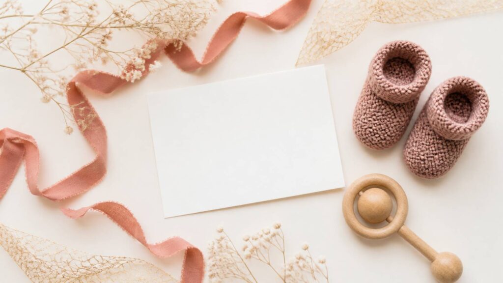 Chaussons tricotés, hochet en bois et ruban vieux rose en flat-lay sur fond ivoire
