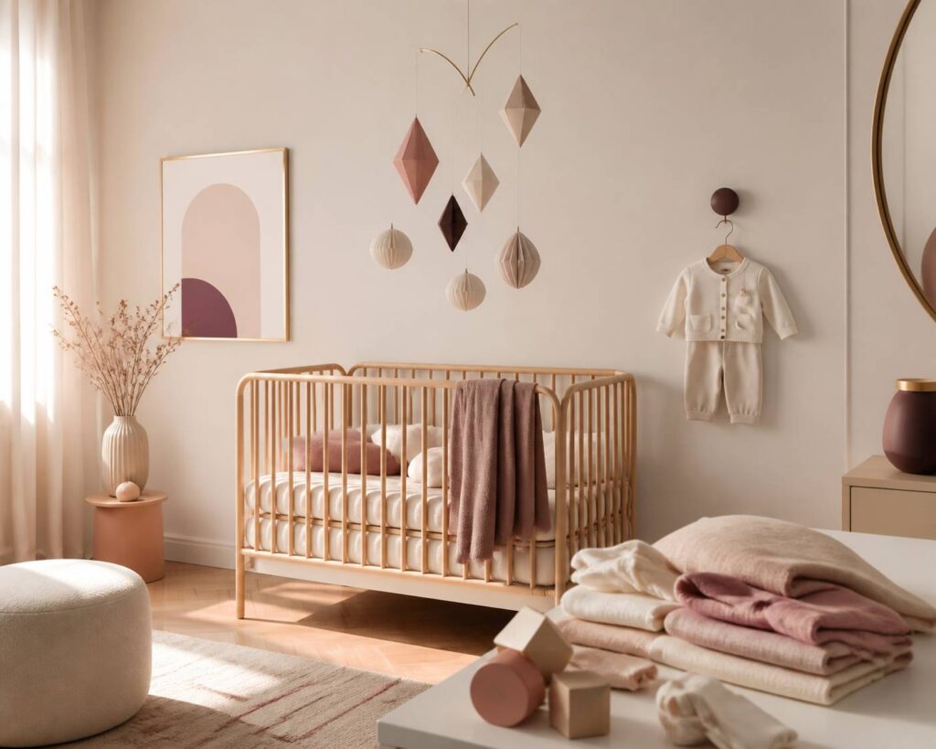 Chambre de bébé épurée avec berceau en bois et vêtements neutres aux tons doux