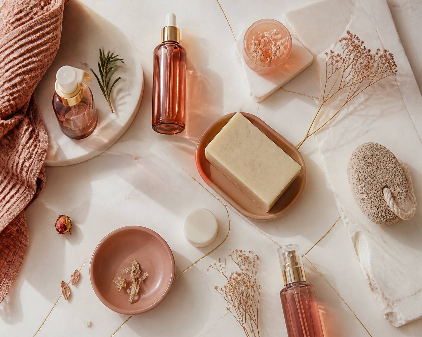 Flat-lay de soins sans étiquette avec savon artisanal et branche de romarin