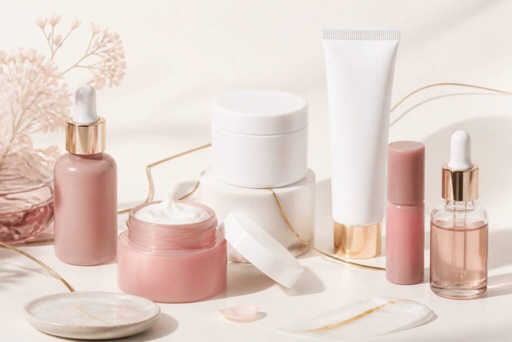 Composition épurée de soins cosmétiques aux flacons minimalistes