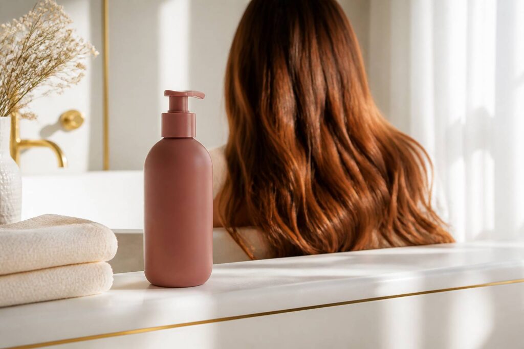 Flacon de shampooing et chevelure brillante aux reflets cuivrés