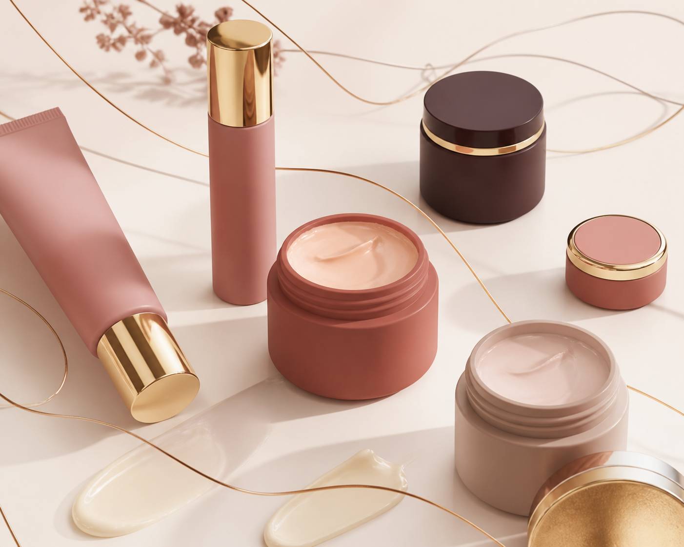 Flacons de soin du visage aux tons vieux rose et or sur fond ivoire