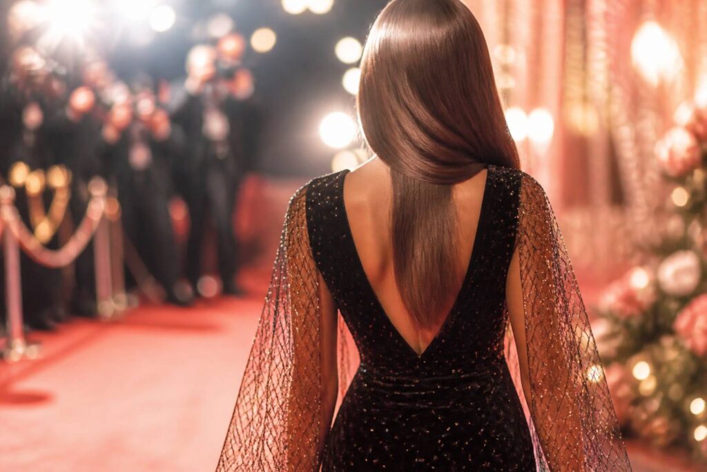 Silhouette féminine en robe de velours noir sur un tapis rouge