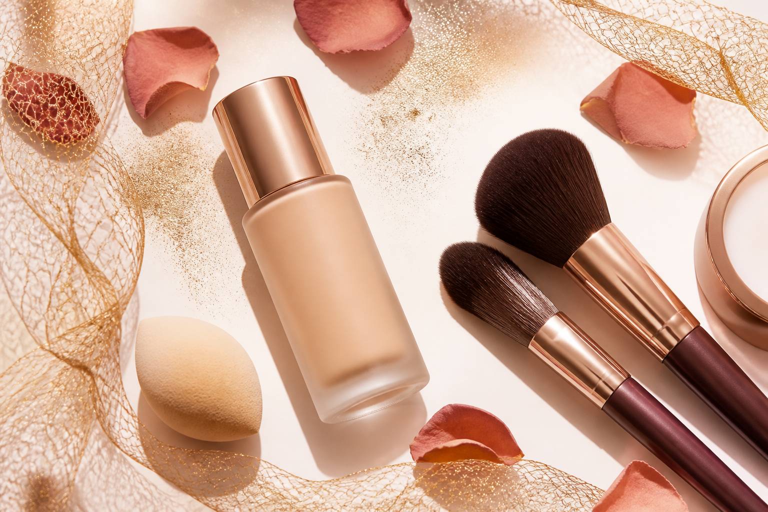 Flat-lay beauté avec fond de teint et éponge de maquillage