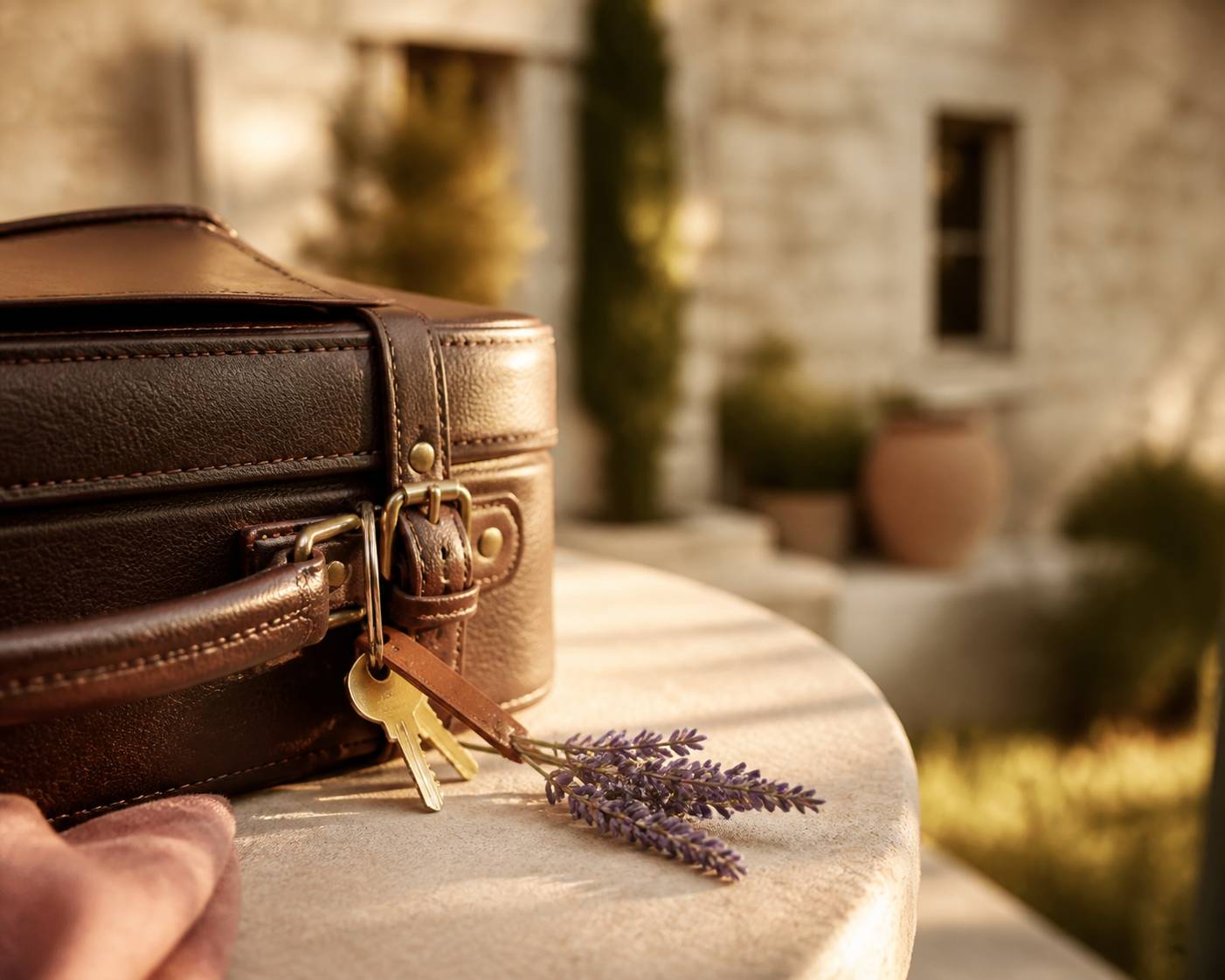 Valise en cuir et clés de location posées sur une table en pierre
