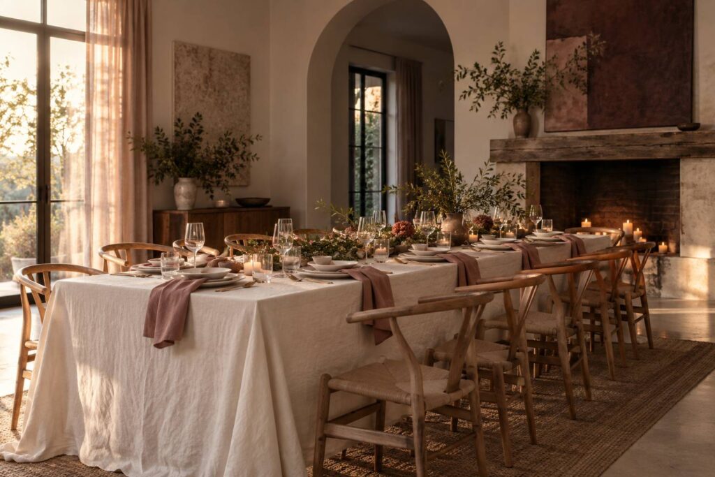 Table de reception intime avec feuillages verts, bougies et vaisselle claire