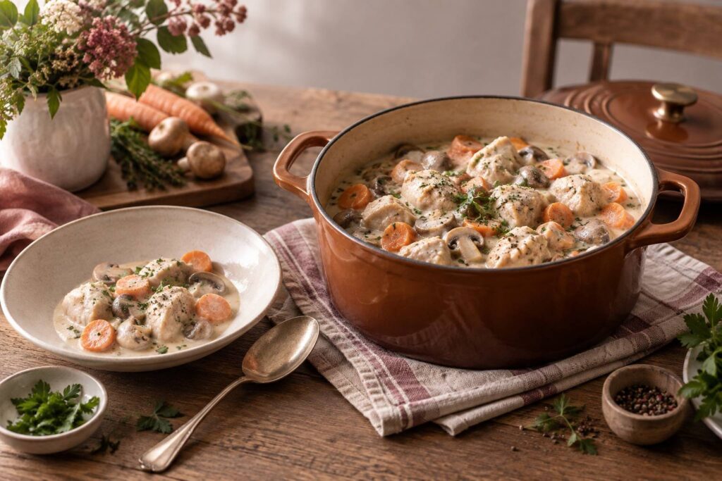 Blanquette de dinde crémeuse dans une cocotte en fonte avec carottes