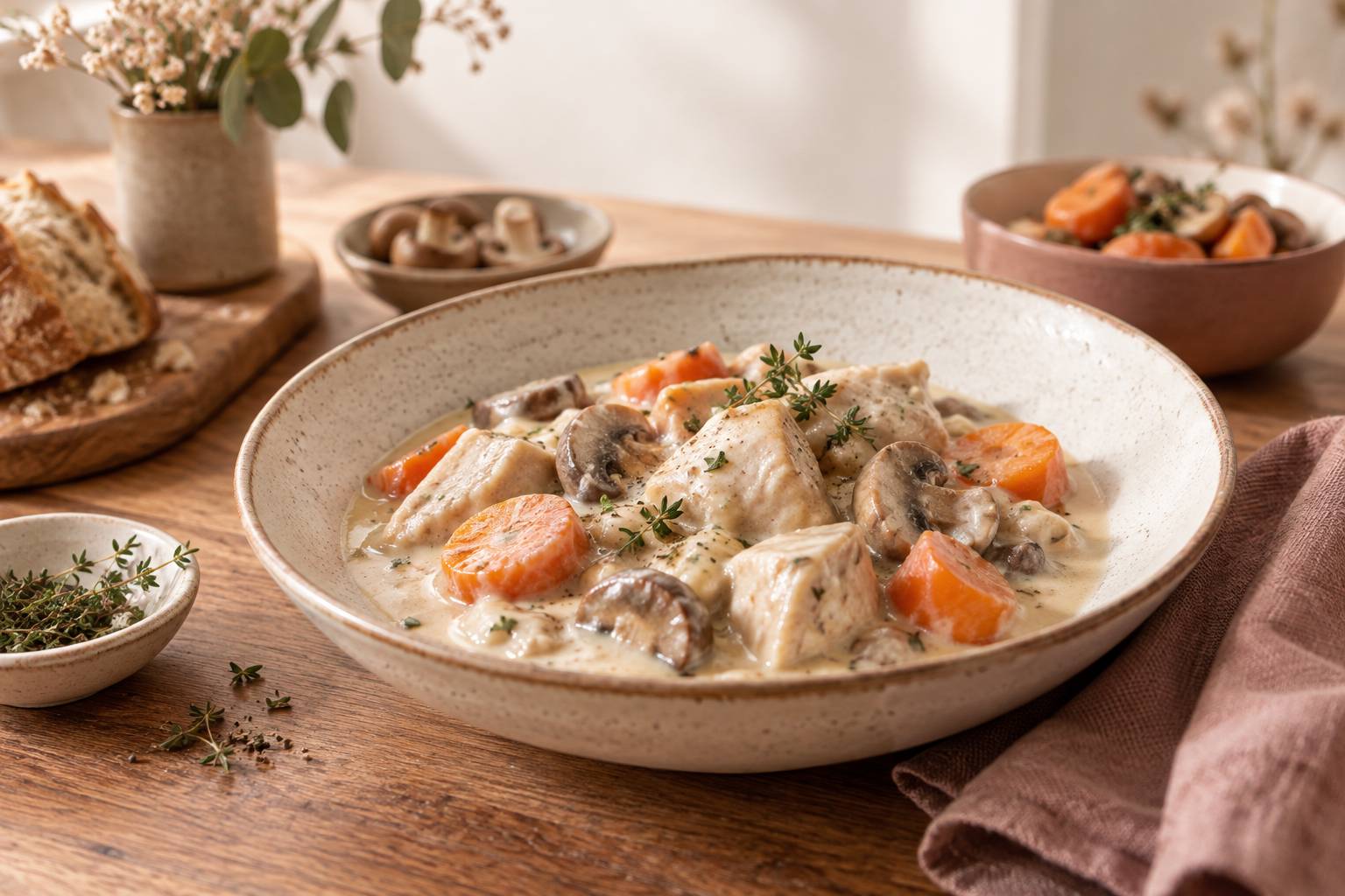 Vue rapprochée d'une assiette de blanquette de dinde et sa sauce crémeuse