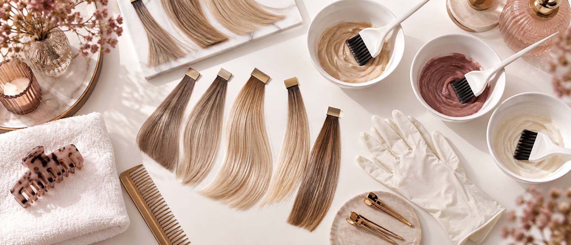 Échantillons de mèches blond foncé avec pinceaux et bols de coloration