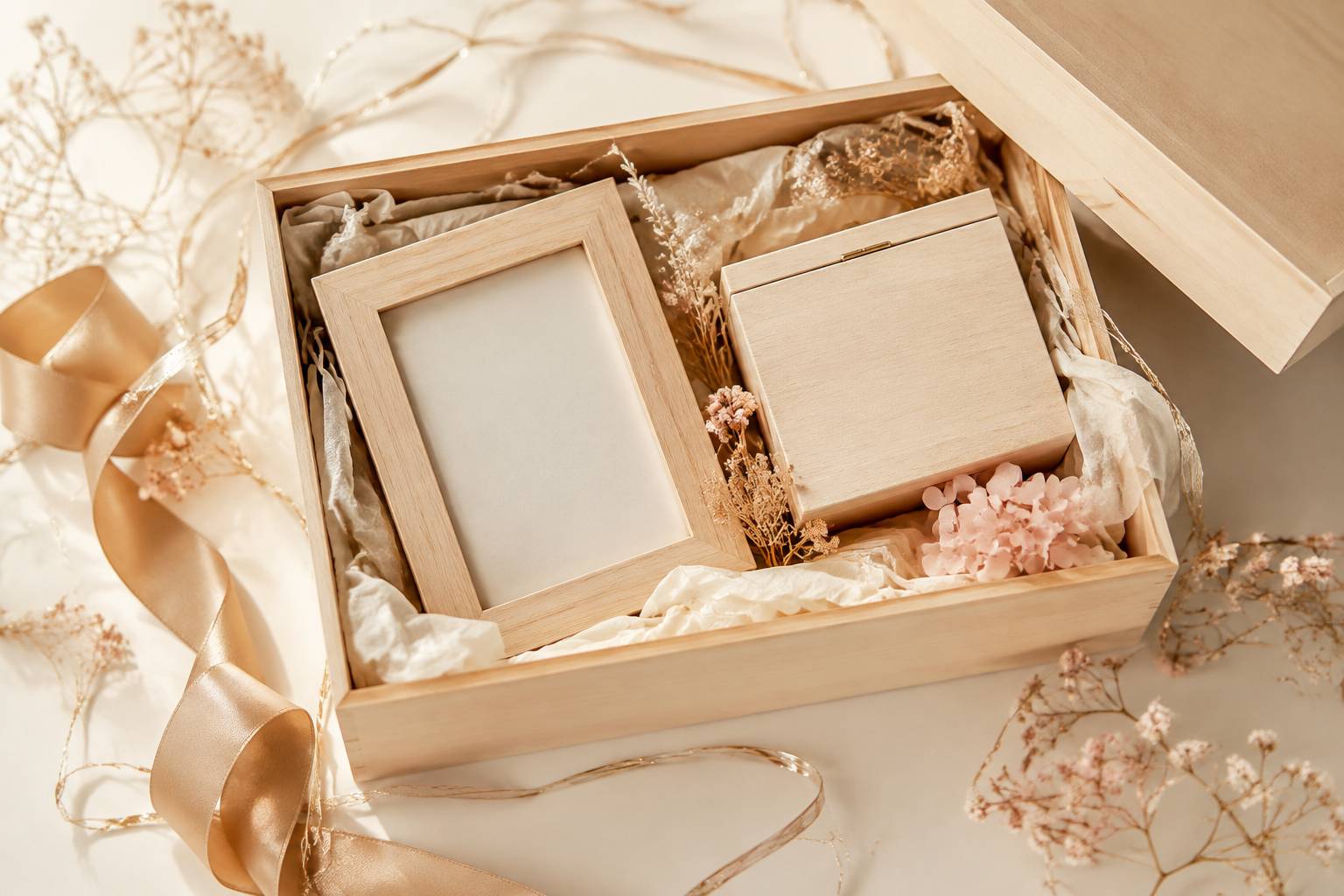 Boîte en bois ouverte avec objet personnalisé, papier de soie et ruban doré