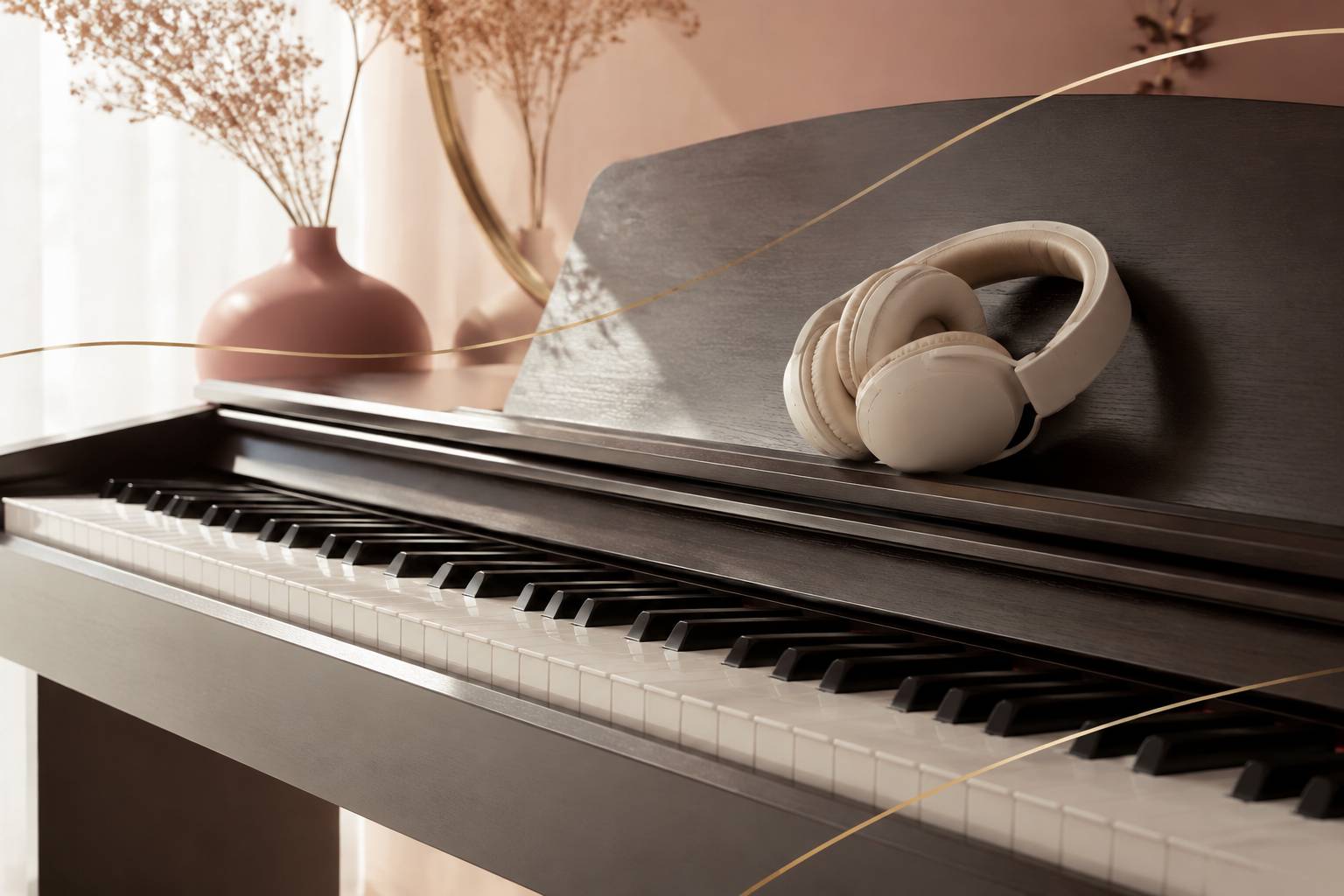 Détail du clavier d'un piano numérique avec casque audio posé sur le pupitre