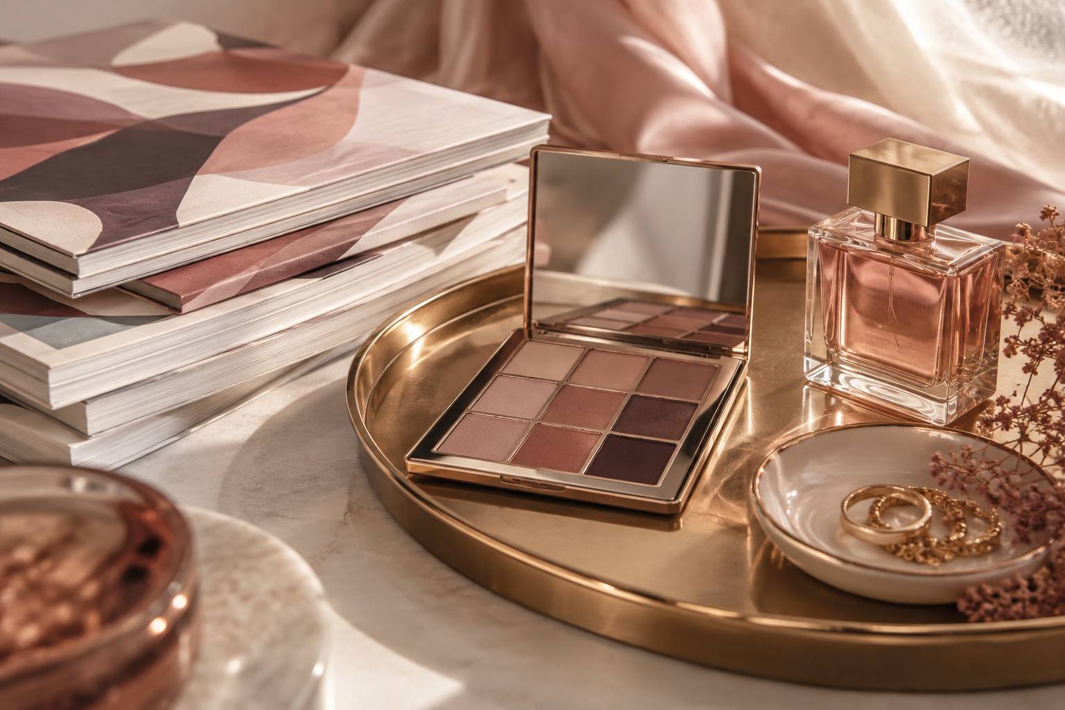 Détail de magazines de mode, d'une palette de maquillage et d'un plateau doré