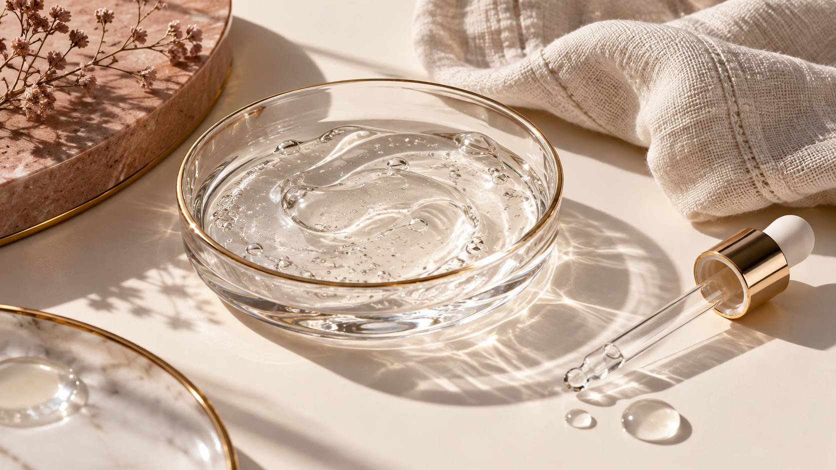 Détail d'un sérum de soin de la peau sur une coupelle en verre