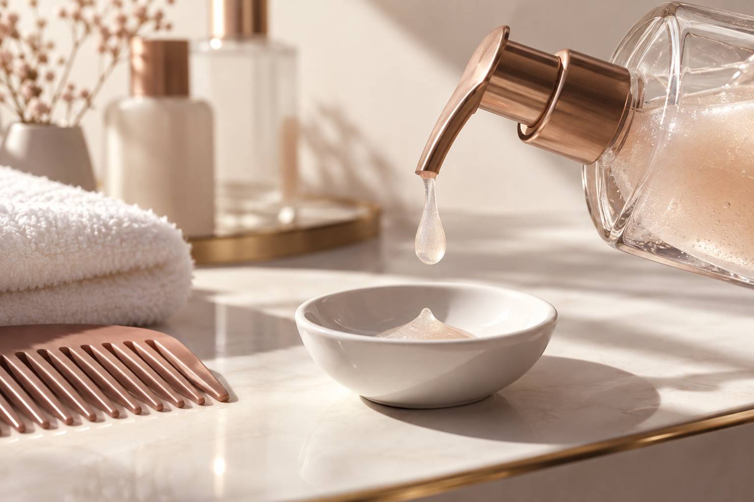 Goutte de shampooing nacré versée sur une coupelle en céramique